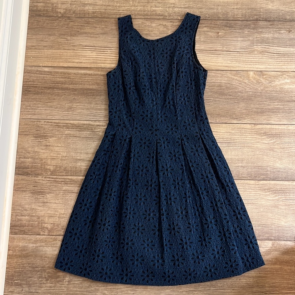 Navy Blue Pleated Dress with Floral Eyelet design